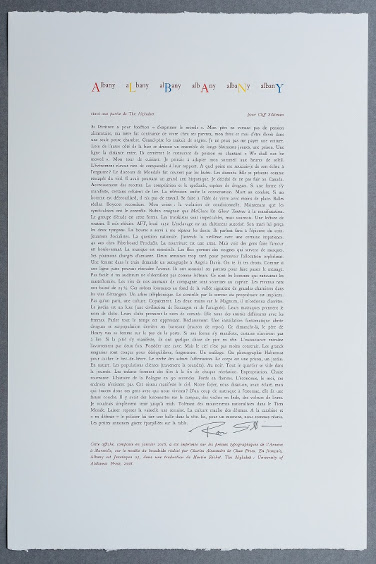 Bulletin n°17 - Lecture en ligne. A propos d'« Albany » de Ron Silliman. (Broadside de 38 x 56 cm, imprimé en typographie à 99 exemplaires, sur les presses de l'Annexe à Marseille) par Marjorie Perloff — A consulter.