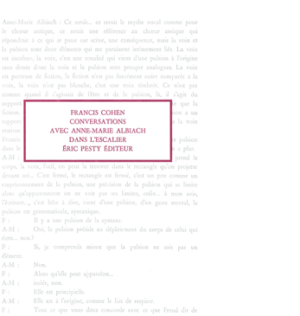 Conversations avec Anne-Marie Albiach dans l’escalier de Francis Cohen 2023 15,2 x 22,8 cm, 128 p., 17€ isbn : 978−2−917786−83−3