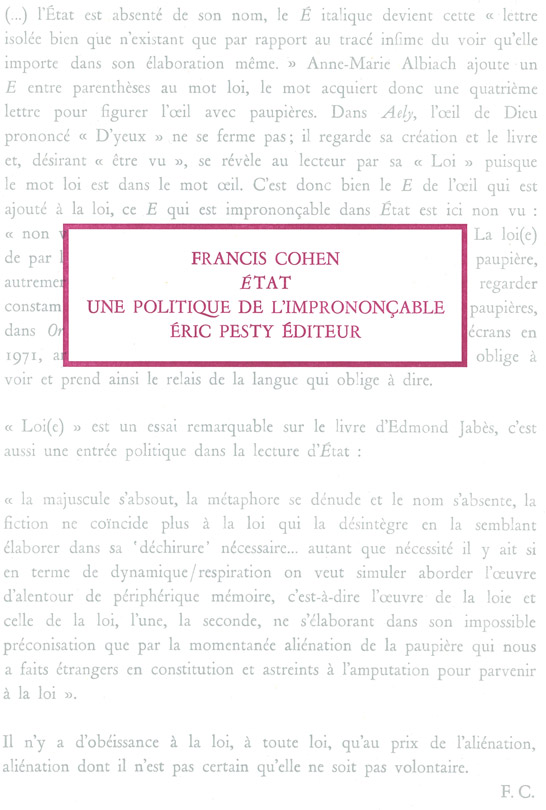 État. Une politique de l’imprononçable<br />
de Francis Cohen<br />
2023<br />
15,2 x 22,8 cm, 128 p., 17€<br />
isbn : 978−2−917786−84−0